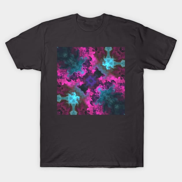 Pink and Cyan Smoke Kaleidoscope Pattern T-Shirt by WormholeOrbital